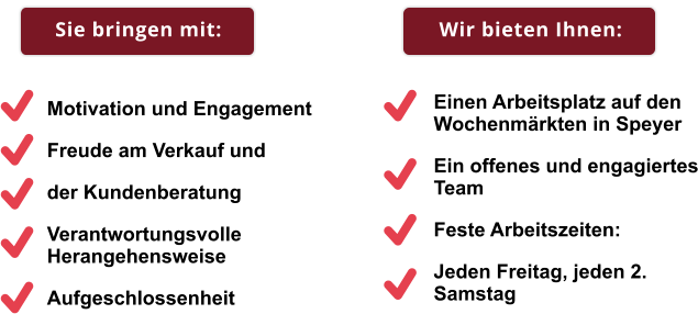 Sie bringen mit: Motivation und Engagement Freude am Verkauf und der Kundenberatung Verantwortungsvolle Herangehensweise Aufgeschlossenheit Wir bieten Ihnen: Einen Arbeitsplatz auf den Wochenmärkten in Speyer Ein offenes und engagiertes Team Feste Arbeitszeiten: Jeden Freitag, jeden 2. Samstag Sie bringen mit: Wir bieten Ihnen: